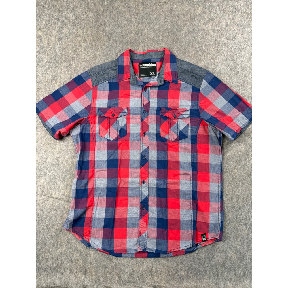 Machine Mens XL Plaid Button‎ Up Shirt Red Blue Gray Short Sleeve Casual Yoke